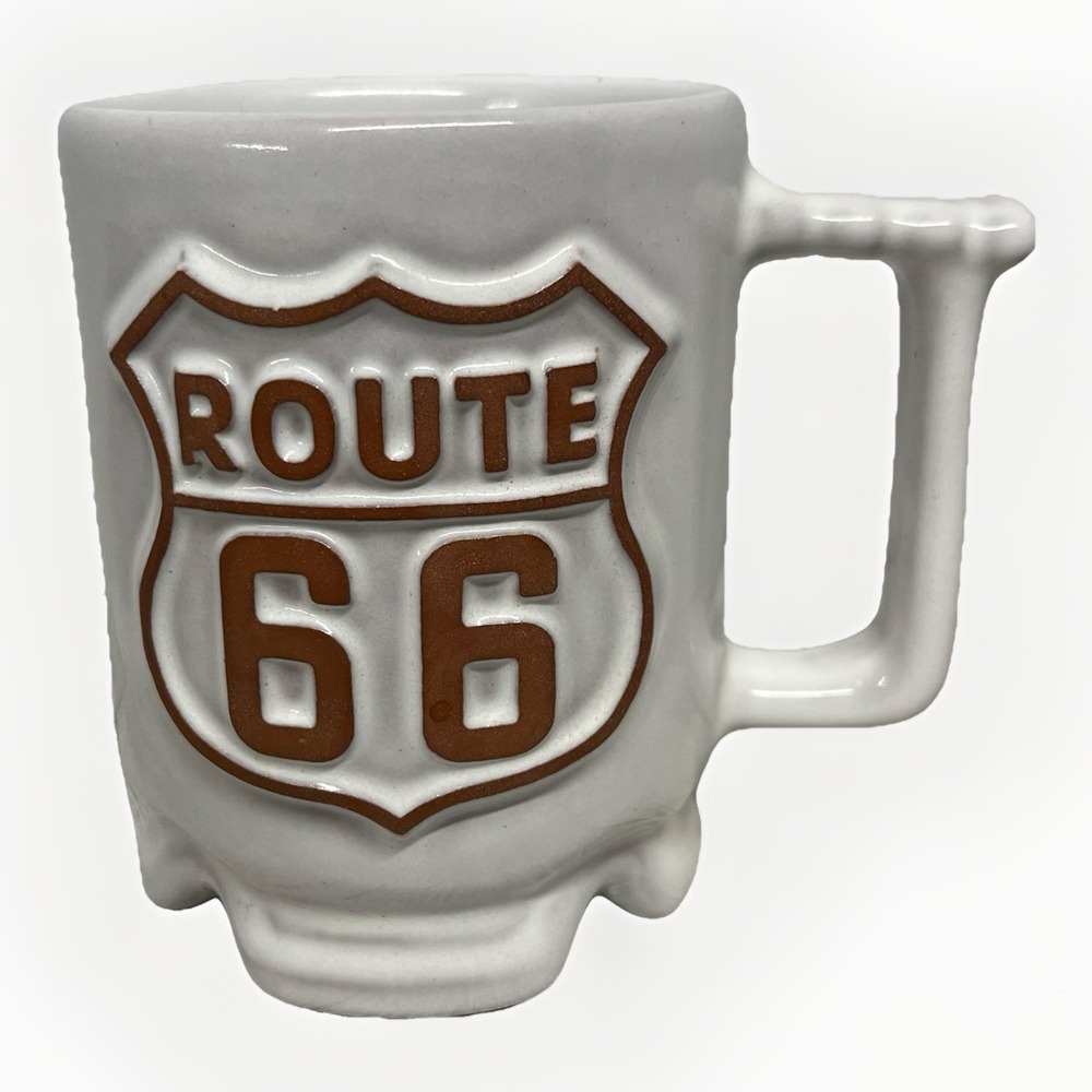 Rare Vintage Frankoma Pottery Route 66 Coffee Mug - Road Sign Logo, Made‎ in USA